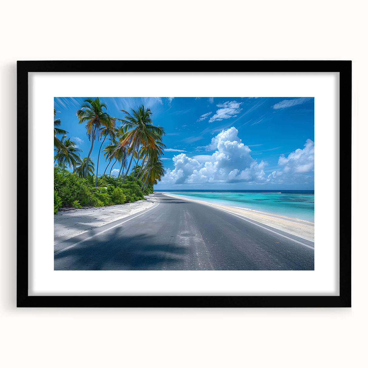Framed landscape wall art featuring a serene road design, presented in a sleek black frame with a mat, ideal for modern home decor and artistic interiors. The composition highlights earthy tones and inviting scenery, enhancing any living space's aesthetic appeal.