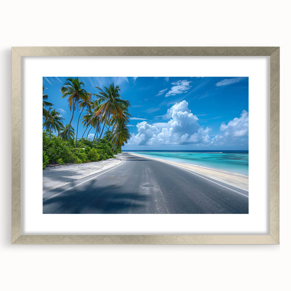 Framed wall art depicting a scenic landscape with winding roads, presented in a sleek silver frame with a white mat, perfect for home or office decor.