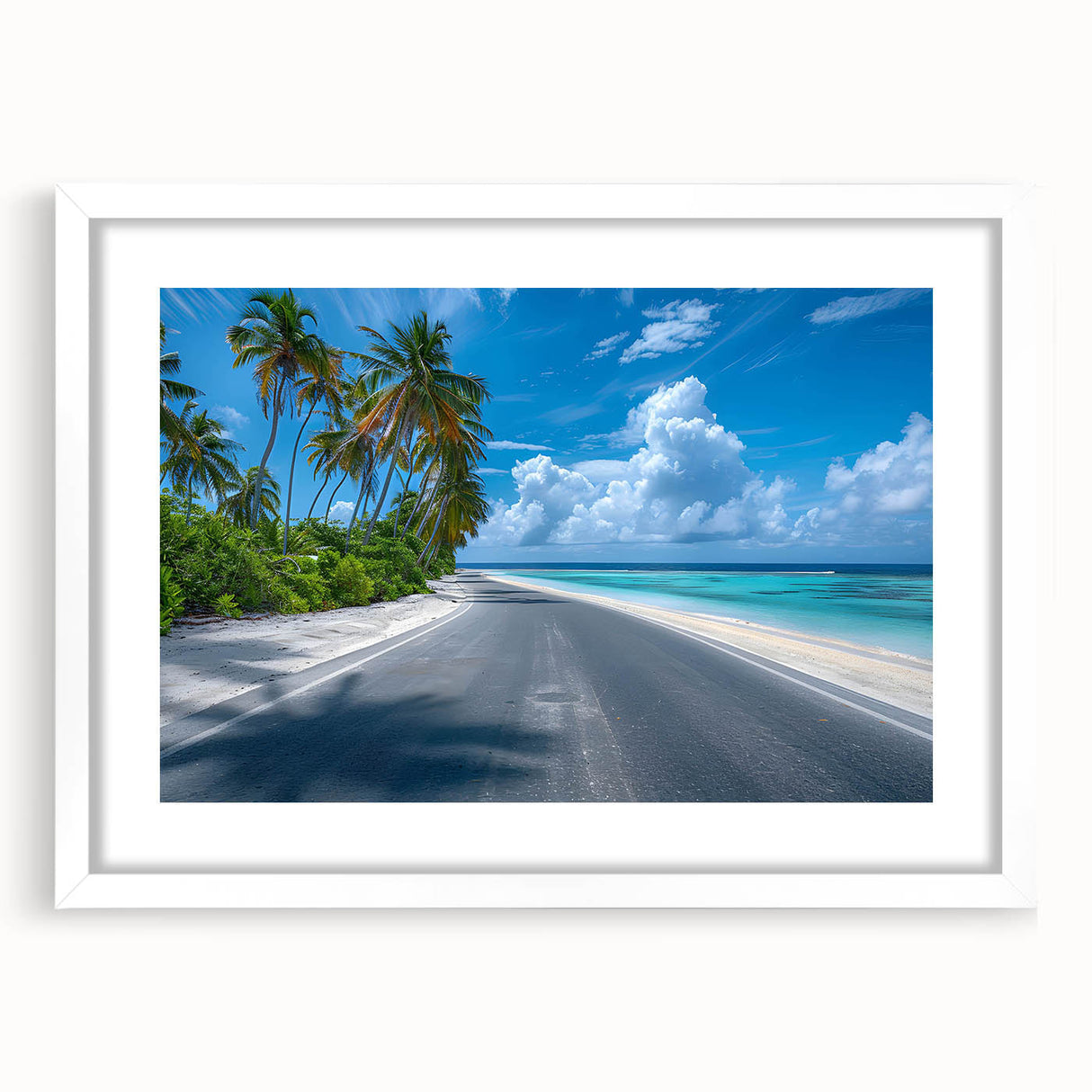 Framed landscape wall art featuring a serene road scene, showcasing vibrant colors with a white mat and frame, perfect for home decor and interior design.
