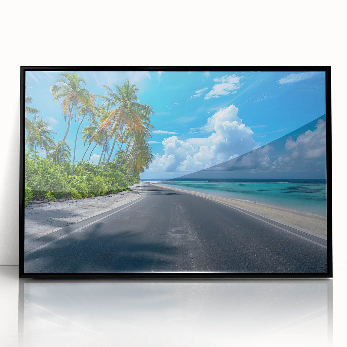 Framed acrylic wall art showcasing a scenic landscape design with winding roads, featuring a sleek black frame. Perfect for modern decor and artistic home accents.