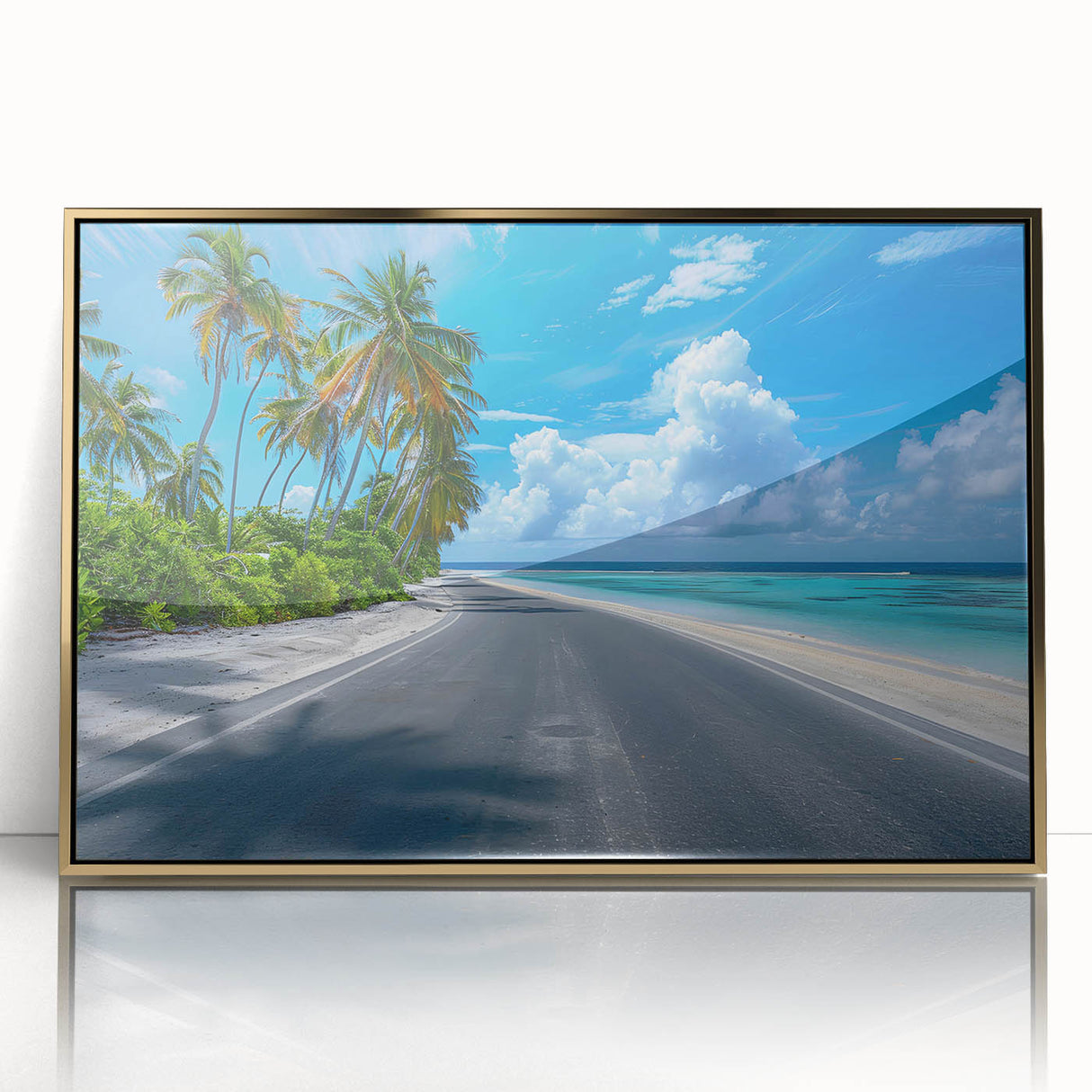 Framed acrylic wall art featuring a modern landscape design with vibrant colors and intricate details, elegantly displayed in a stylish gold frame, enhancing any decor.