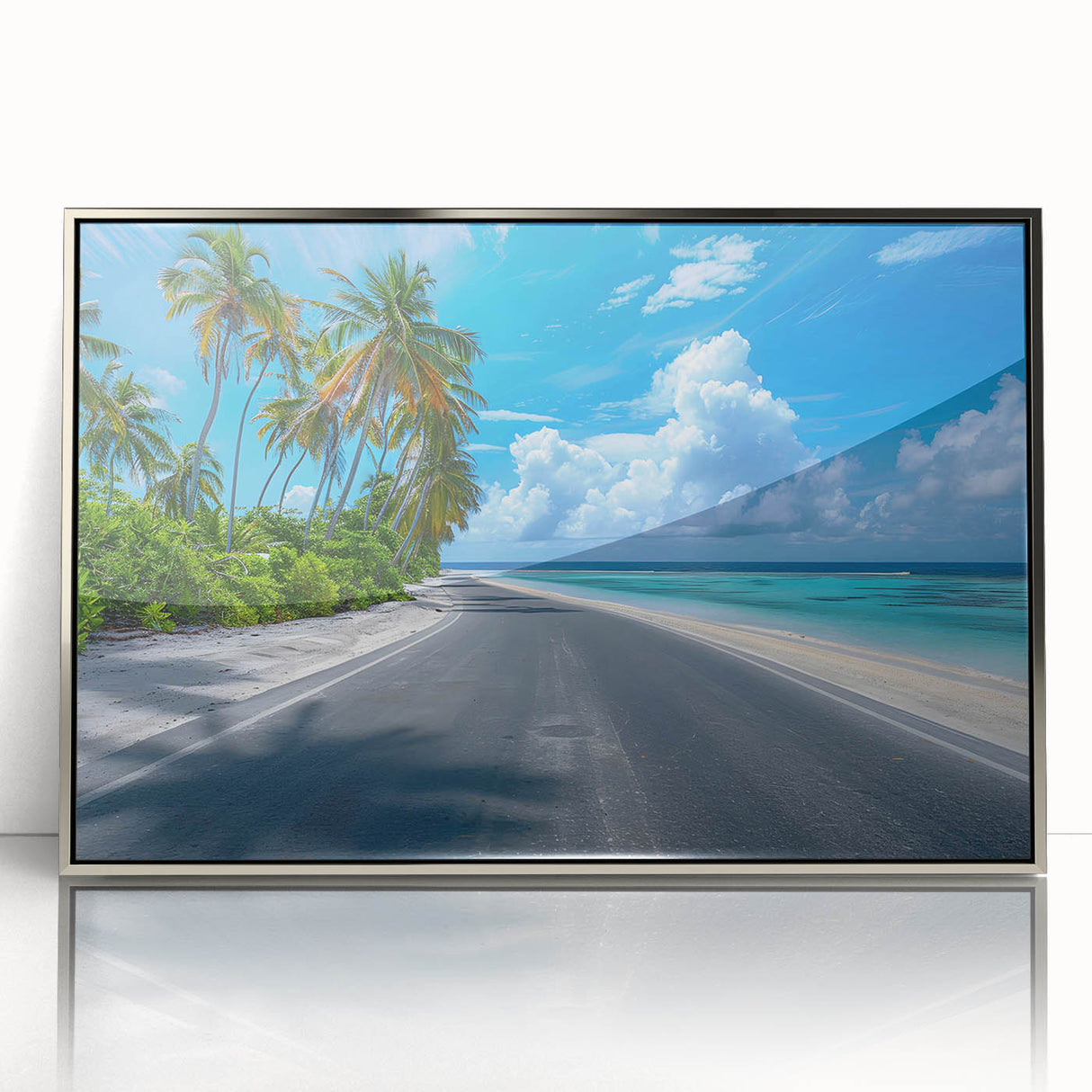 Framed acrylic wall art showcasing a serene landscape with winding roads, highlighted by silver accents, perfect for home decor and enhancing interior aesthetics.