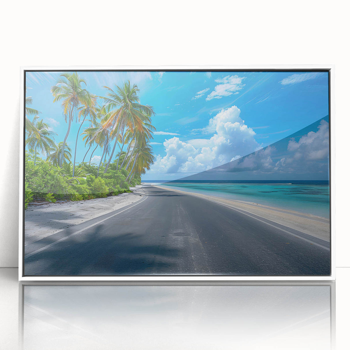 Framed acrylic wall art showcasing a vibrant landscape with winding roads, set in a sleek white frame, perfect for modern home decor and enhancing interior aesthetics.