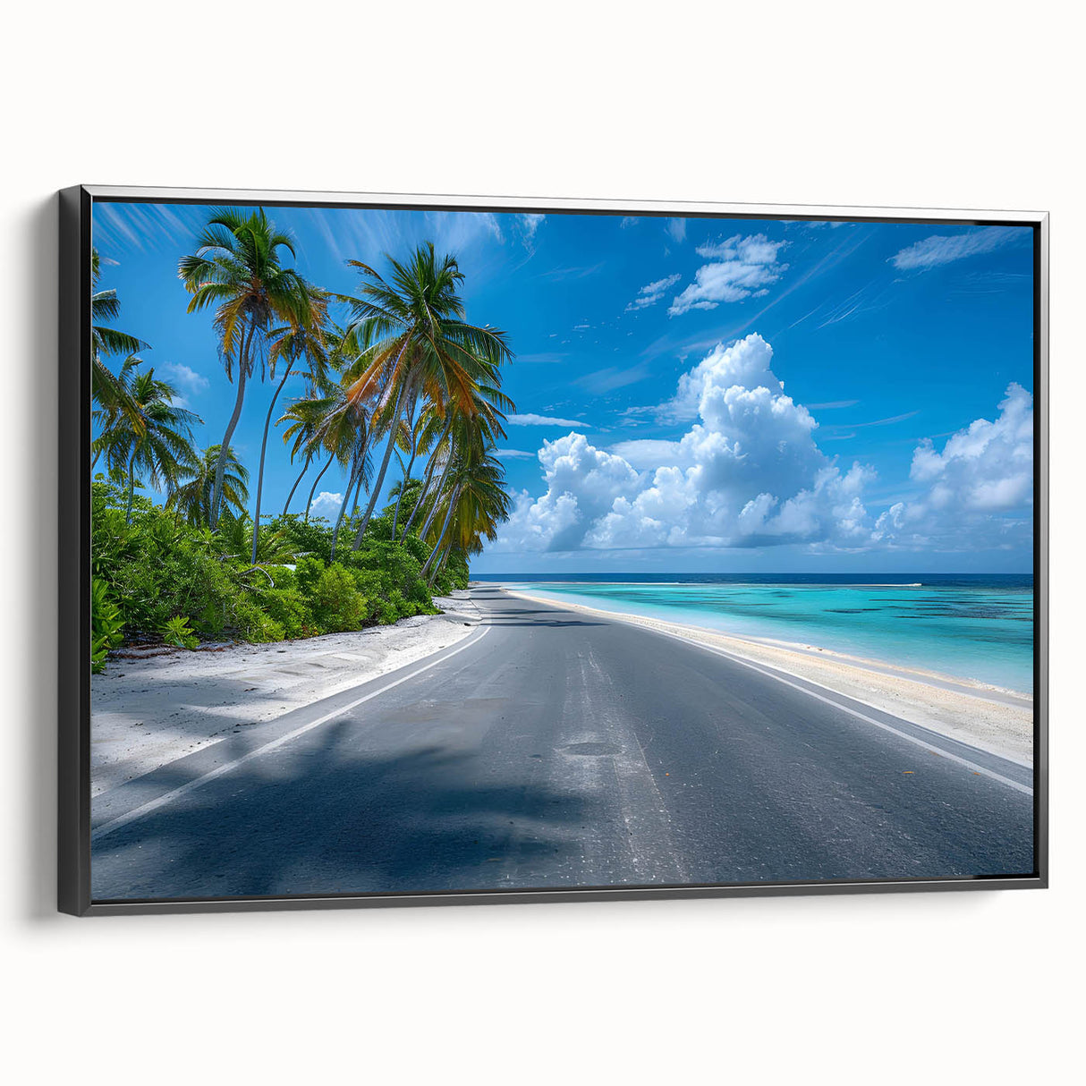 Framed canvas wall art showcasing a serene landscape road design, featuring a black frame and a side view perspective, perfect for modern home decor.