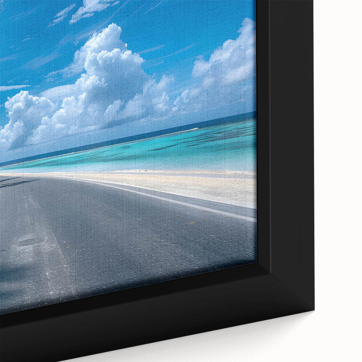Framed canvas art showcasing a vibrant road landscape design, featuring lush greenery and a clear blue sky. Ideal for home decor enthusiasts seeking nature-inspired wall art.