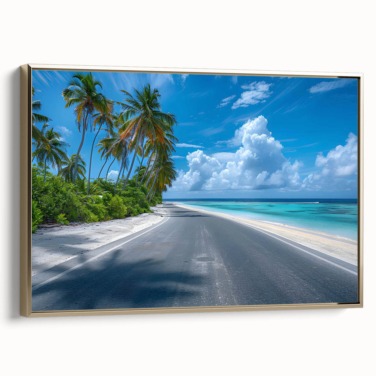 Framed canvas wall art showcasing a serene landscape with winding roads, highlighted by a gold frame, perfect for modern home decor. Ideal for adding elegance to living spaces.