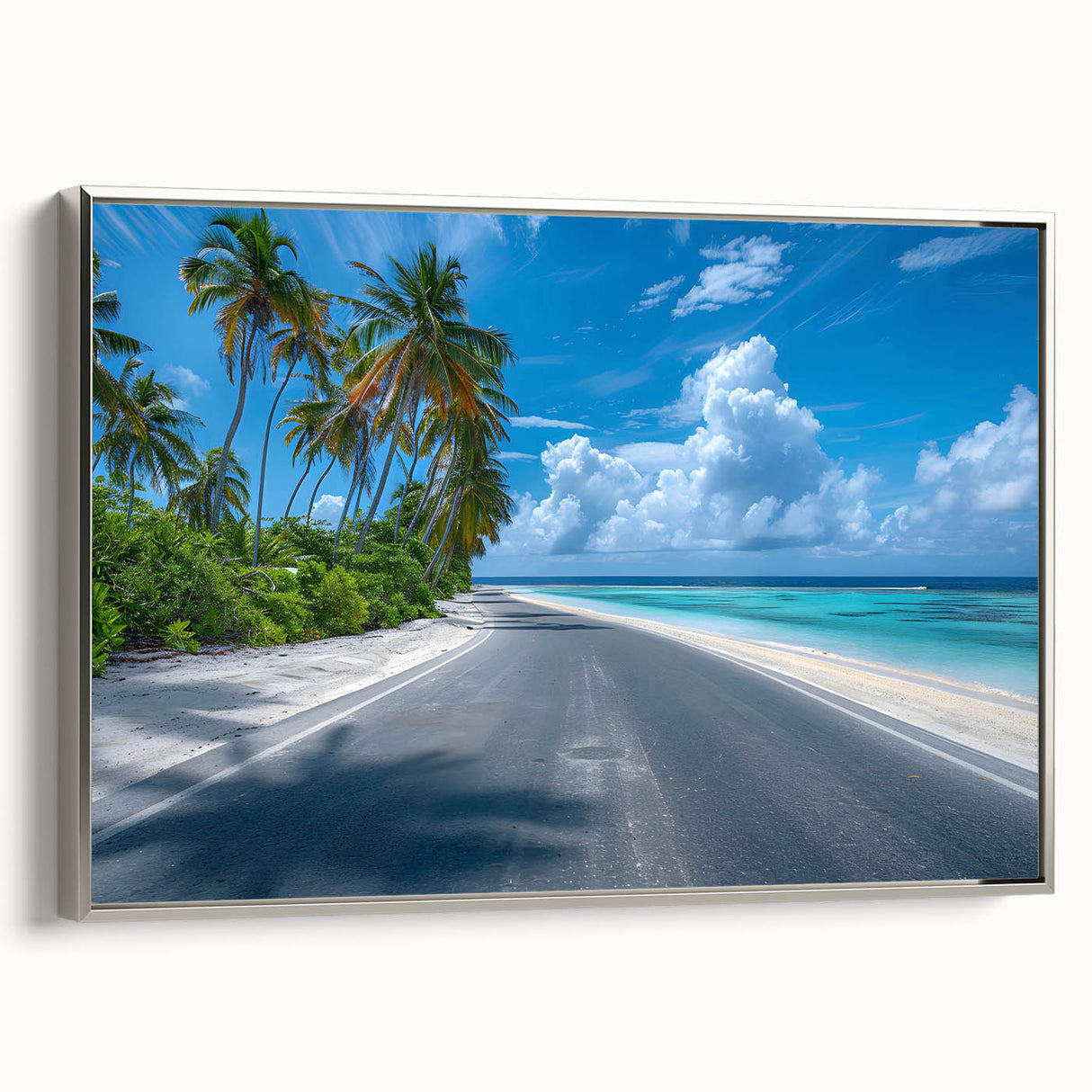 Framed wall art featuring a serene landscape with winding roads, set against a silver frame, ideal for modern home decor. The canvas highlights vibrant colors and intricate details, enhancing any living space.