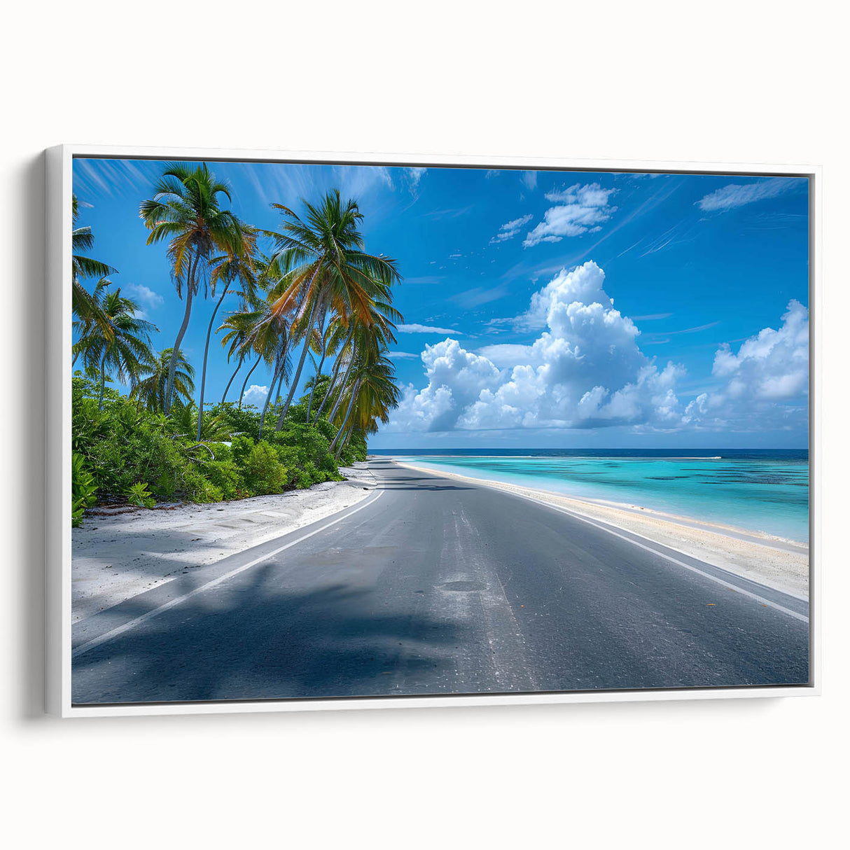 Framed canvas wall art showcasing a serene landscape with winding roads and lush greenery, featuring a clean white frame that enhances the artwork's vibrant colors. Perfect for adding a tranquil touch to home decor.