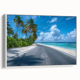 Framed canvas wall art showcasing a serene landscape with winding roads and lush greenery, featuring a clean white frame that enhances the artwork's vibrant colors. Perfect for adding a tranquil touch to home decor.