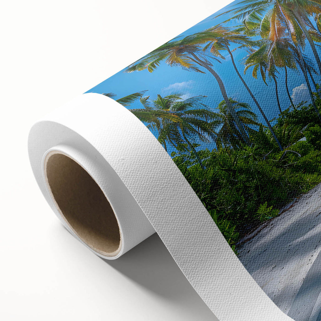 Rolled canvas wall art showcasing a serene landscape road design with vibrant colors, ideal for home decor or office spaces, packaged securely for delivery.