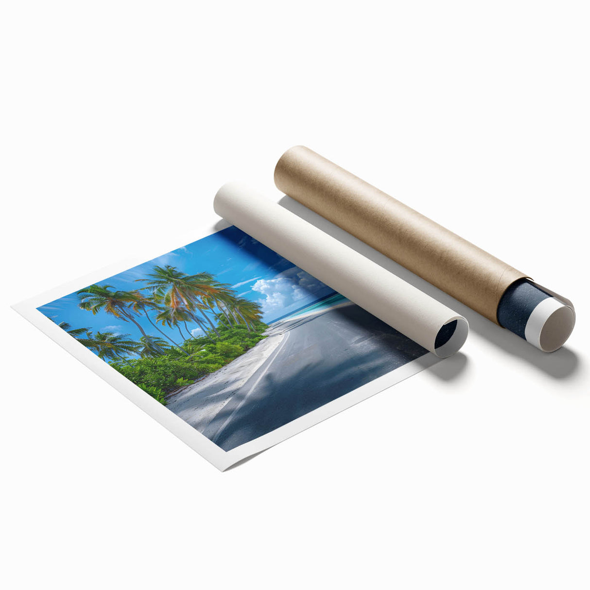 Rolled print of a serene landscape featuring winding roads and lush greenery, designed for wall art display, showcasing vibrant colors and intricate details.