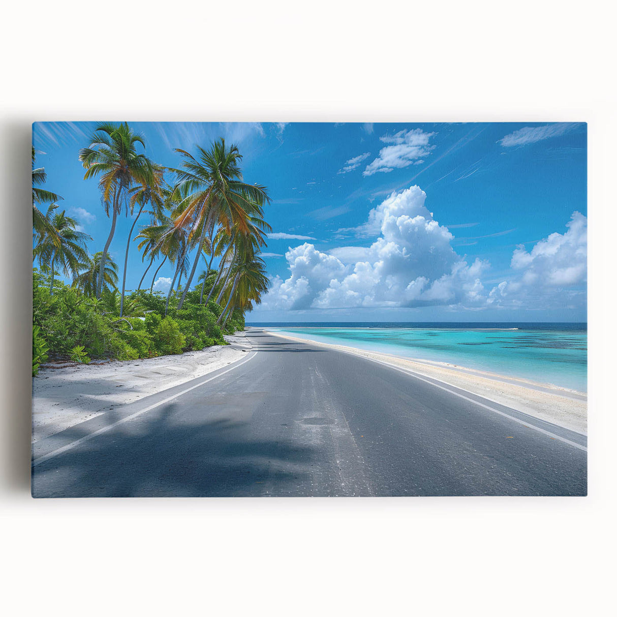 Stretched canvas wall art showcasing a serene landscape with winding roads, vibrant greenery, and a clear blue sky, perfect for enhancing home decor and tranquility.