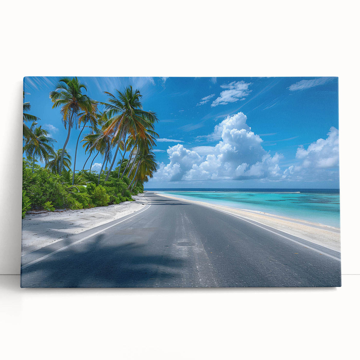 Stretched canvas wall art showcasing a serene landscape road design, featuring vibrant colors and intricate details, perfect for home decor or office ambiance.