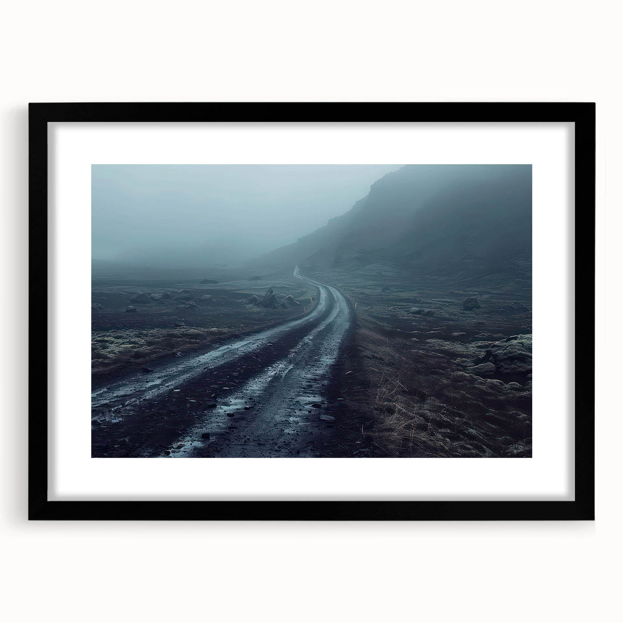Framed wall art from the Landscapes Roads Design 75 collection, showcasing a black mat and sleek frame, ideal for modern home decor, enhancing any living space.