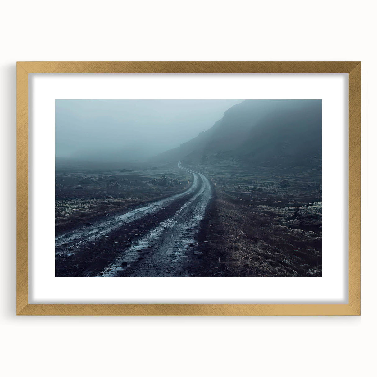 Framed wall art print showcasing a serene landscape with winding roads, featuring a gold mat and elegant frame, perfect for home decor enhancement.