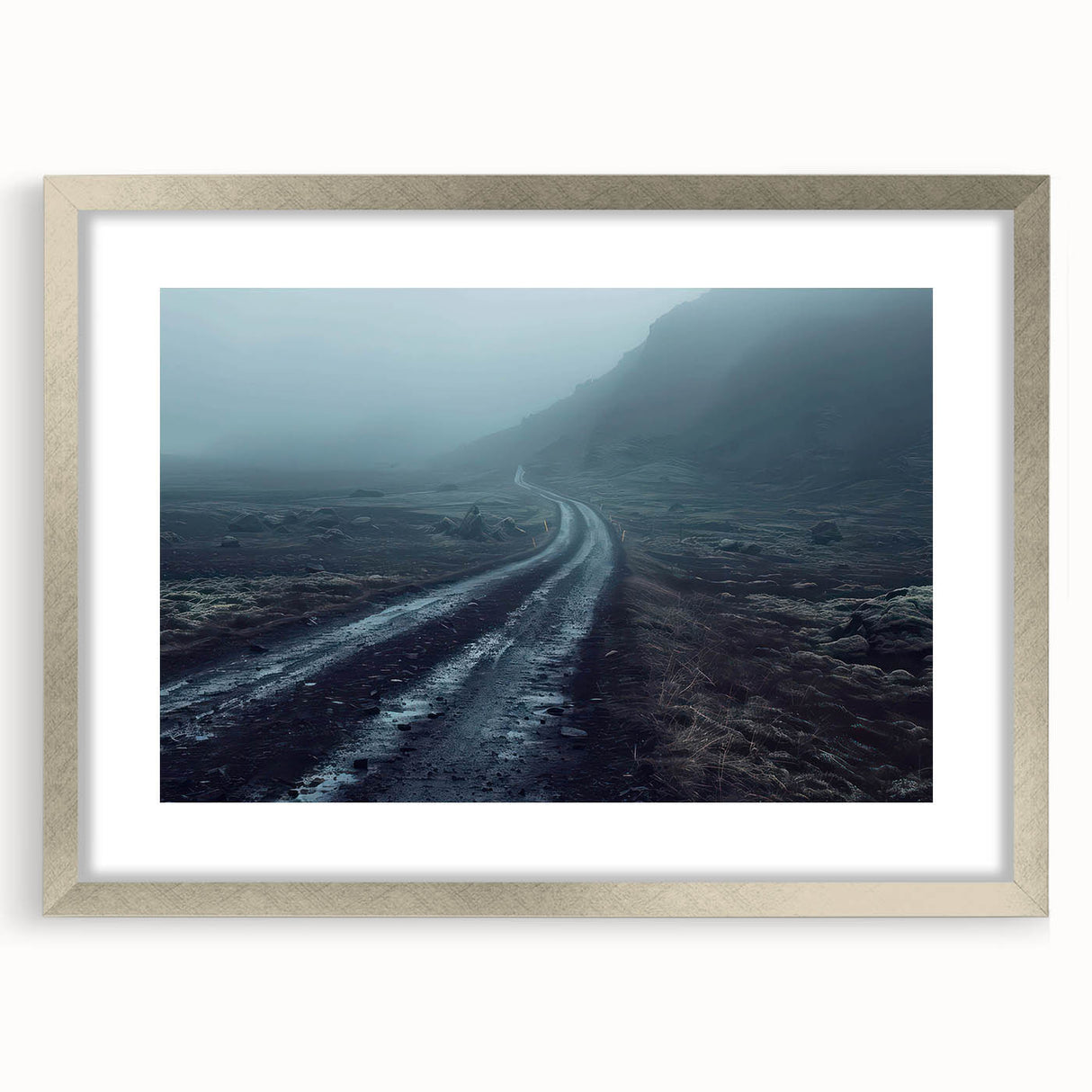 Framed landscape wall art collection featuring a scenic road design, with a sleek silver frame and mat, enhancing any modern decor. Ideal for art enthusiasts.