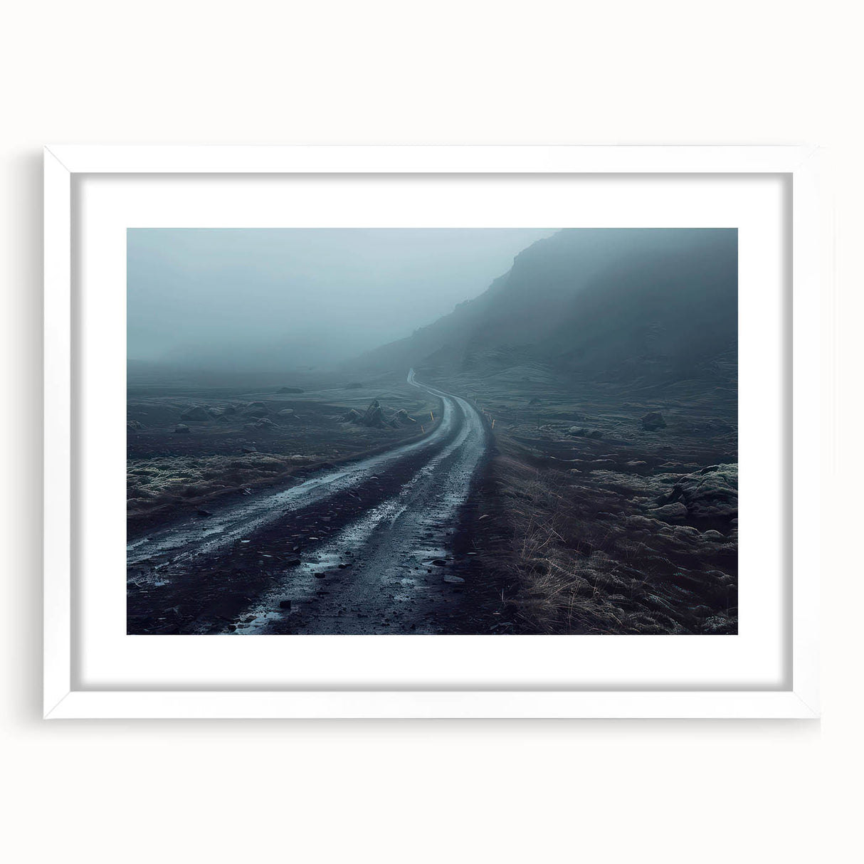 Framed landscape wall art collection featuring a serene road design, presented in a white mat and sleek frame, enhancing modern home decor aesthetics.