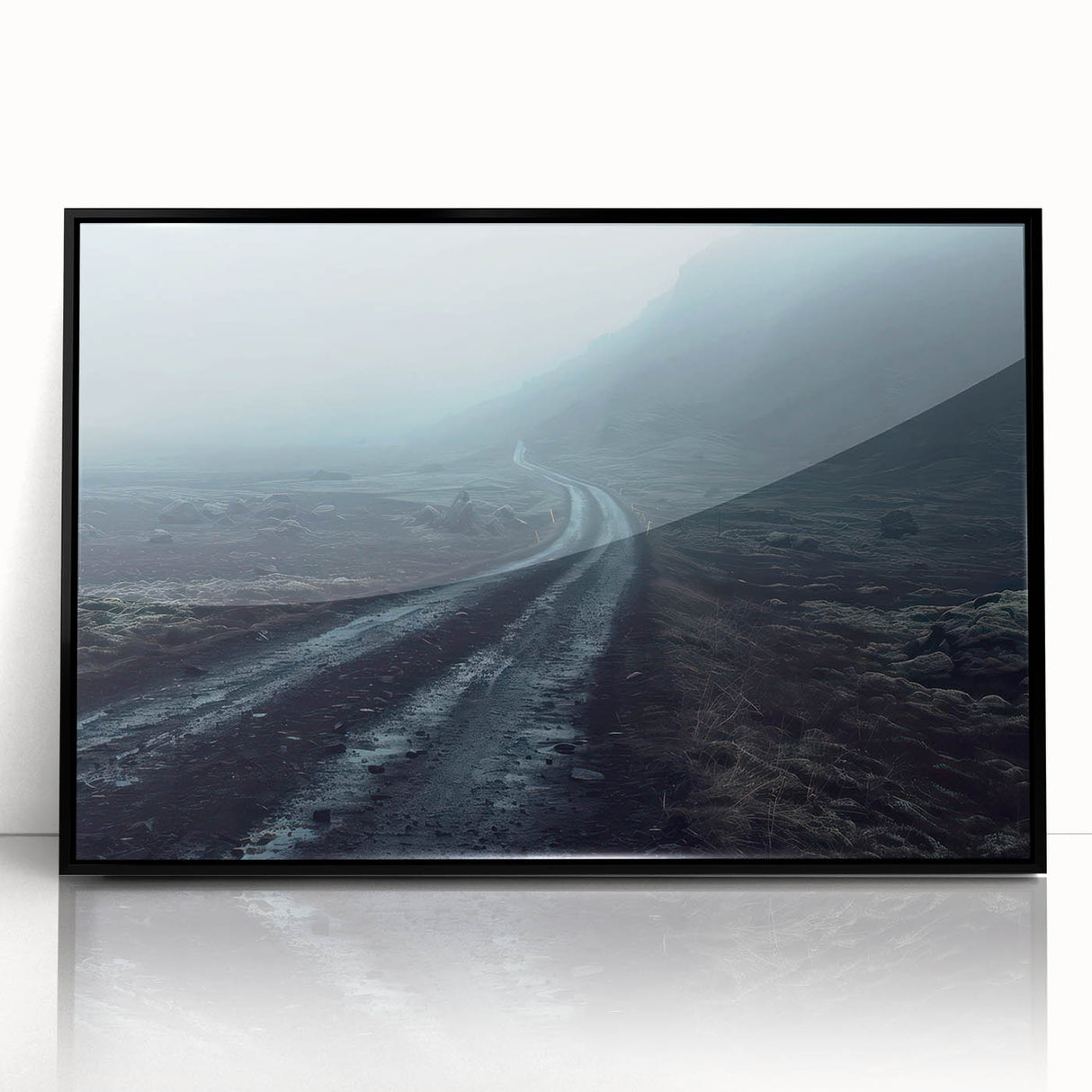 Framed wall art showcasing a stunning landscape road design in black acrylic, highlighting rich colors and intricate details, perfect for modern home decor.