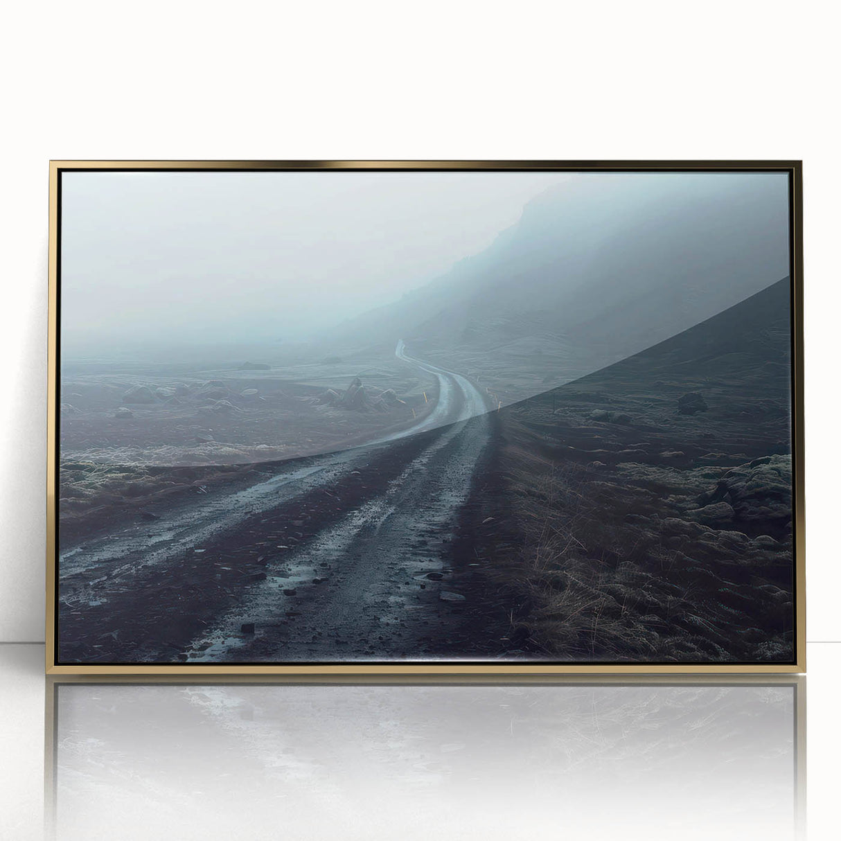 Framed acrylic wall art featuring a gold-accented landscape design, showcasing winding roads and vibrant colors, ideal for modern home decor. Perfect for adding elegance to any living space.