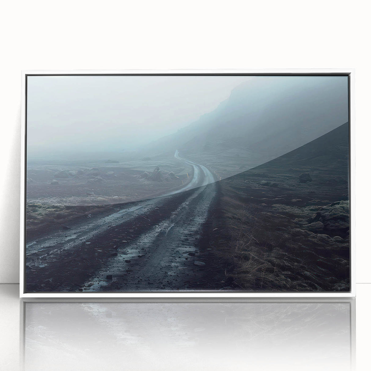 Framed acrylic wall art showcasing a stunning landscape with winding roads, presented in a sleek white frame, ideal for modern home décor.