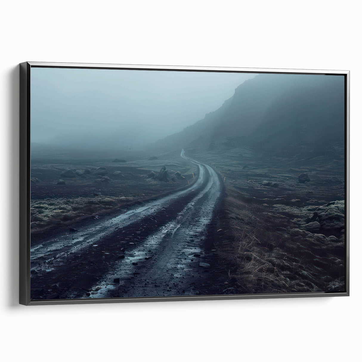Framed canvas wall art showcasing a minimalist road design in black, elegantly set against a light background, perfect for modern home decor.