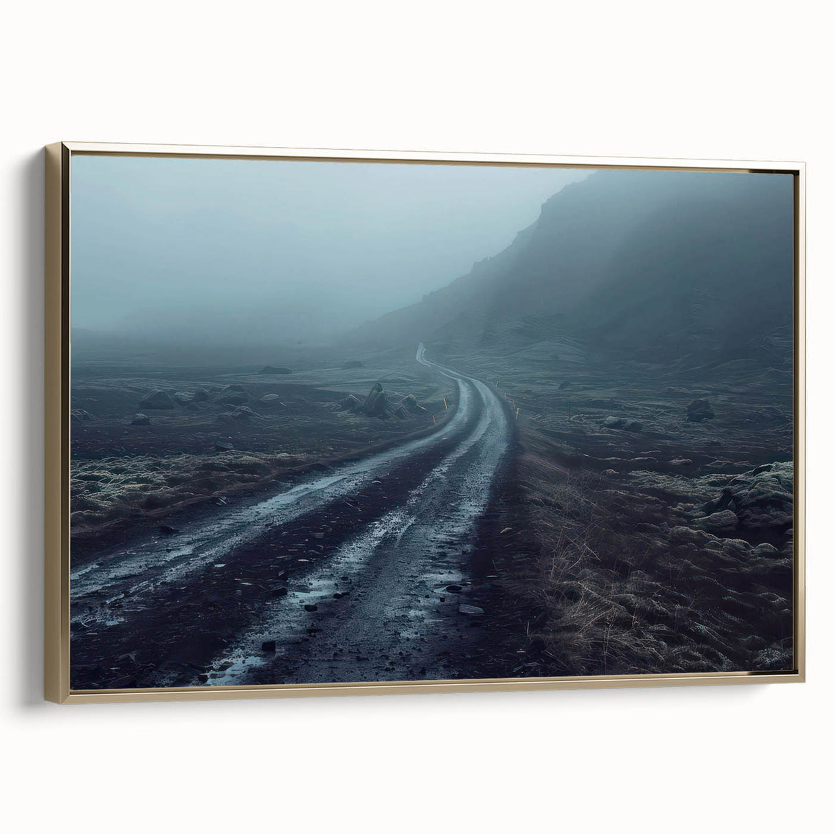 Framed canvas wall art showcasing a striking landscape of winding roads, accented with a gold frame, perfect for modern home decor. Ideal for adding a touch of elegance to living spaces.