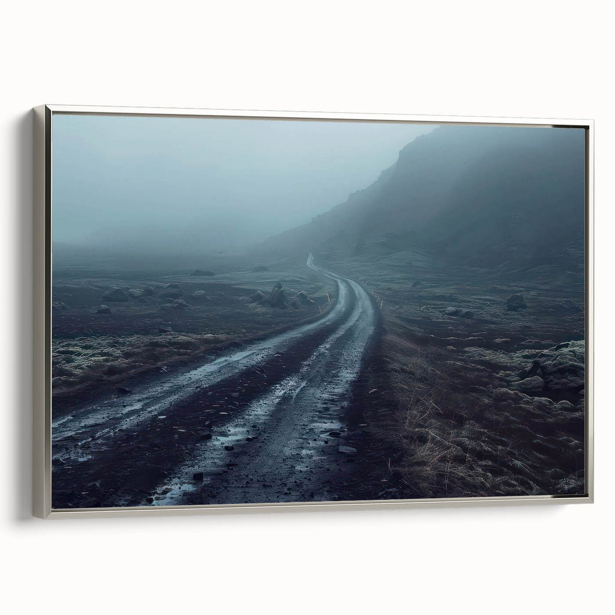 Framed wall art showcasing a serene landscape with winding roads, featuring a silver frame that enhances the artwork's elegance, perfect for home decor.