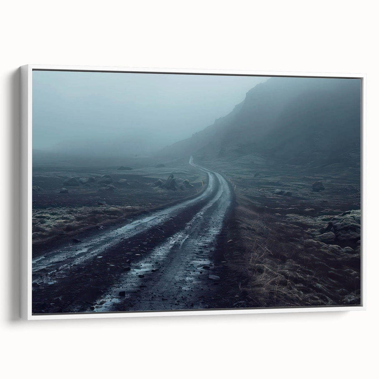 Framed canvas artwork of a serene landscape featuring winding roads, displayed with a white frame, ideal for modern home decor and aesthetic enhancement.