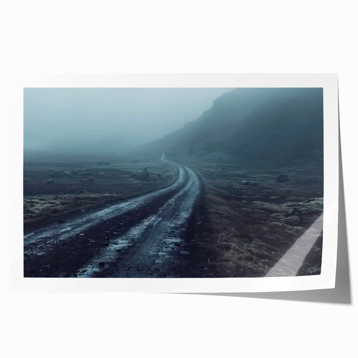 Rolled print showcasing a vibrant landscape road design, featuring rich colors and intricate details, perfect for home decor and artistic ambiance.