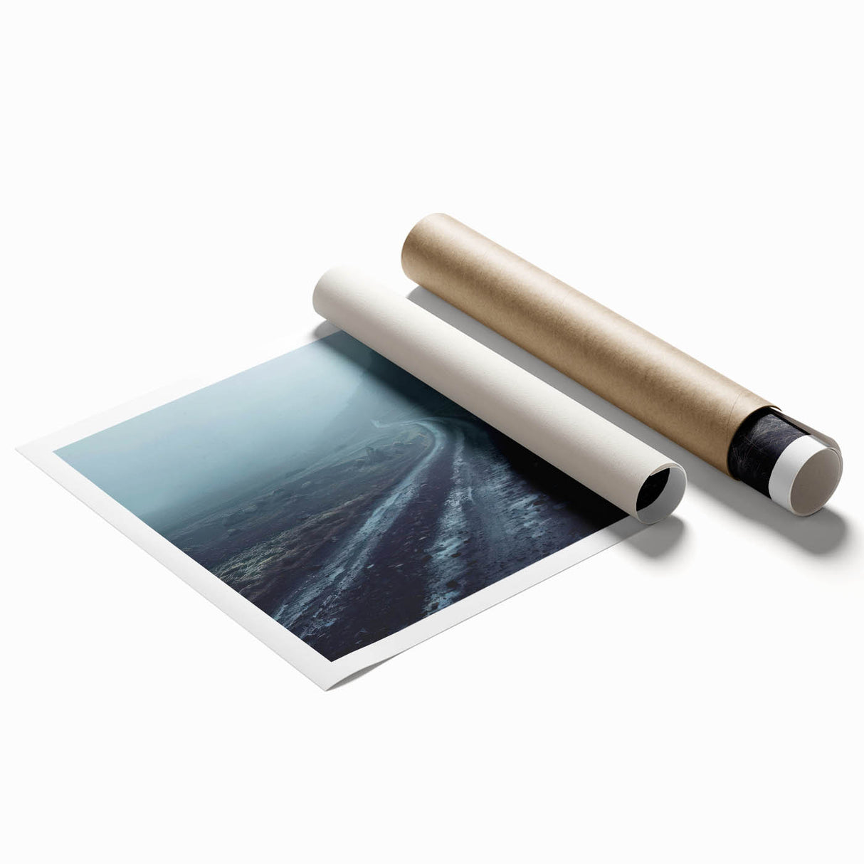 Rolled print of a vibrant landscape featuring winding roads and lush greenery, designed for wall art display. Ideal for home decoration and artistic ambiance.