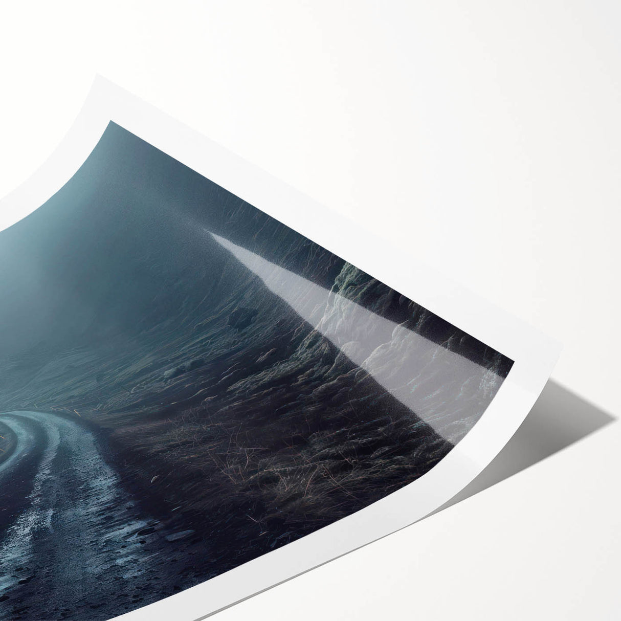 Rolled print showcasing a vibrant landscape road design in rich colors, perfect for home decor. The art piece features winding roads and scenic views, emphasizing tranquility and adventure.