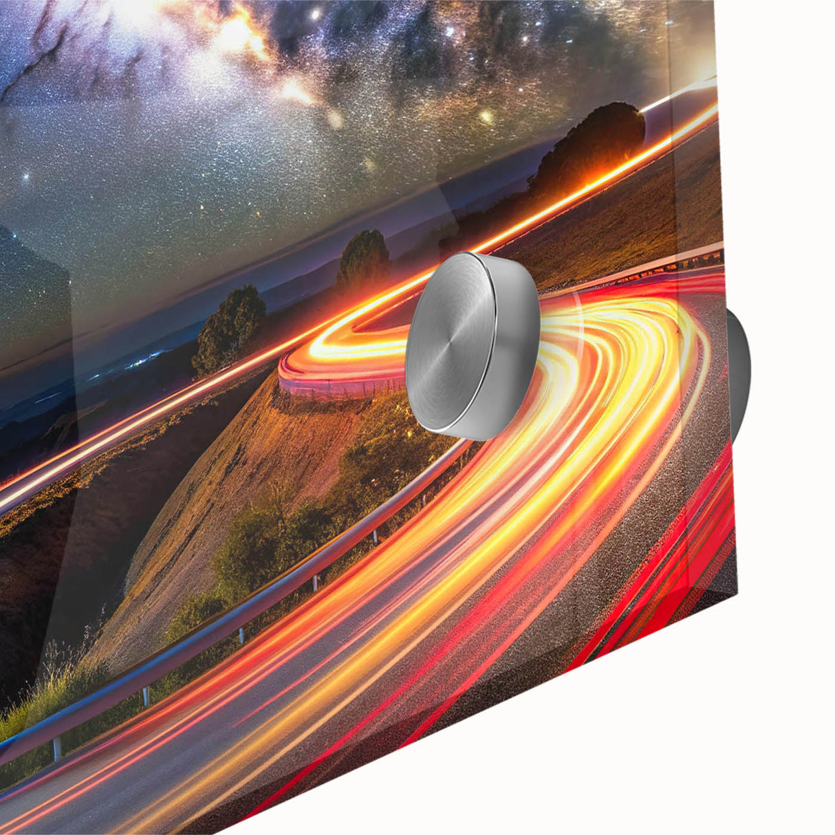Close-up of a vibrant acrylic glass wall art piece showcasing a stunning landscape with winding roads, perfect for modern home decor and art enthusiasts.