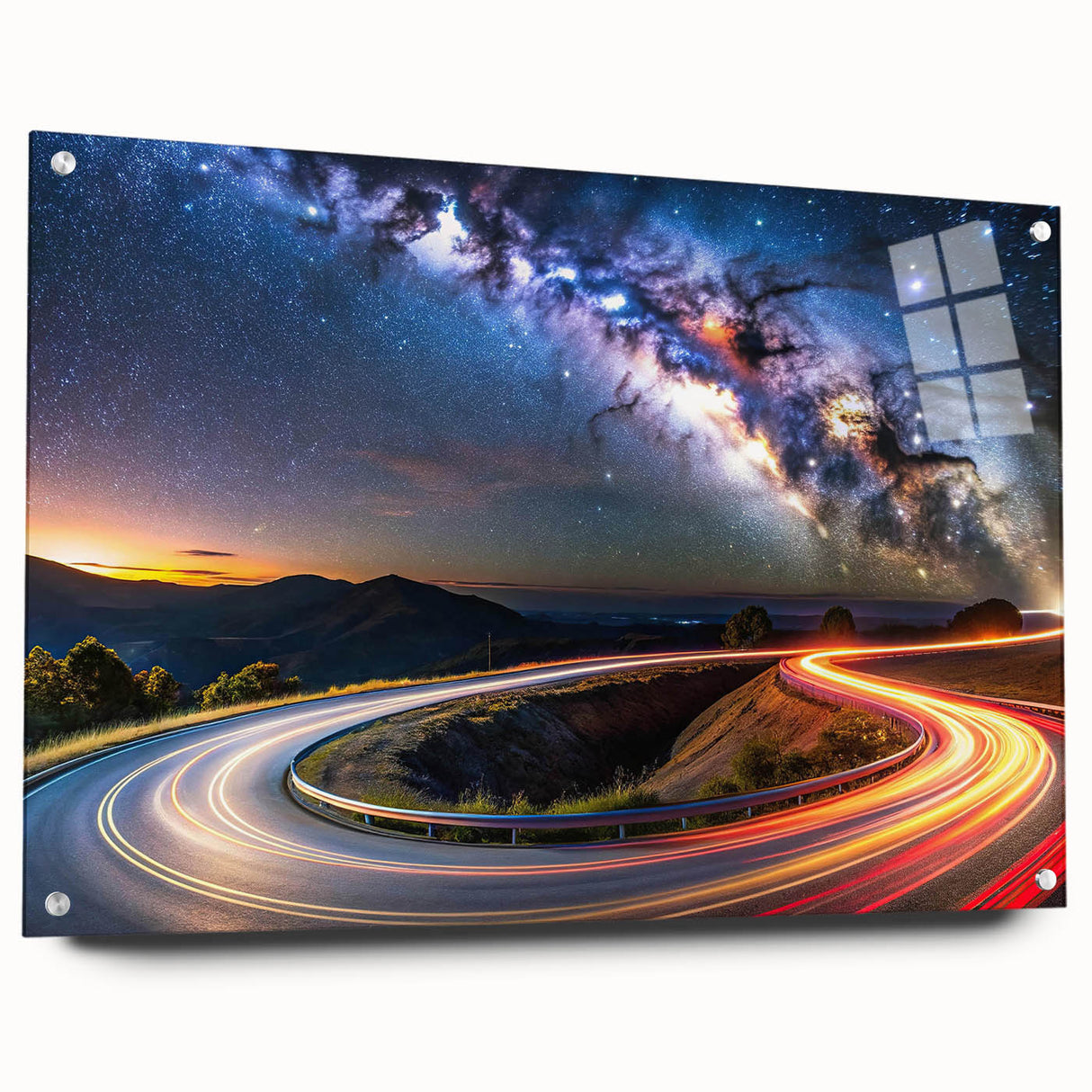 Acrylic glass wall art showcasing a vibrant landscape road design, featuring a side view with decorative pins, perfect for adding color and character to modern interiors.