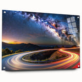 Acrylic glass wall art showcasing a vibrant landscape road design, featuring a side view with decorative pins, perfect for adding color and character to modern interiors.