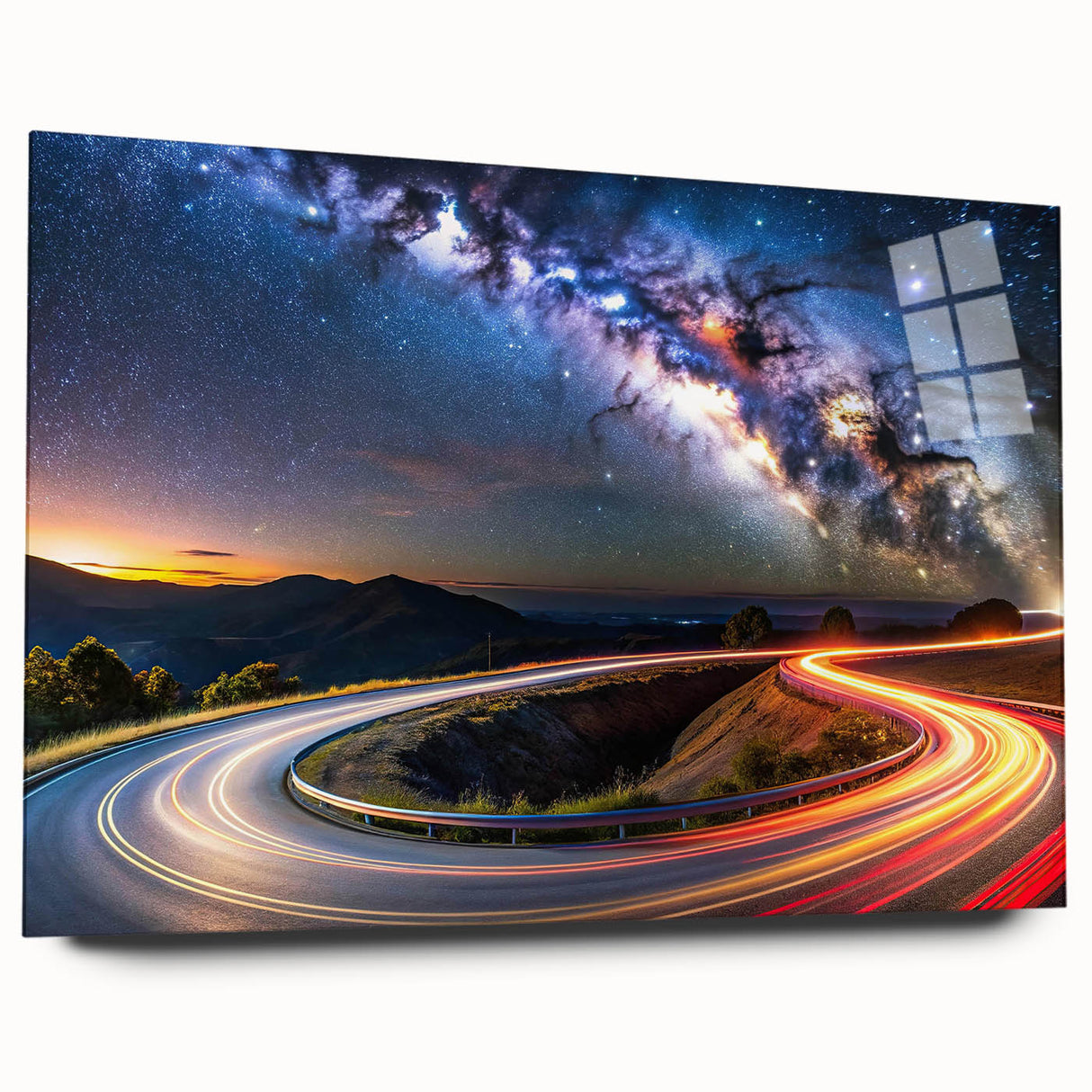 Acrylic glass wall art featuring a captivating landscape design of winding roads and lush greenery, ideal for modern home decor. The artwork showcases vibrant colors and intricate details, enhancing any interior space.