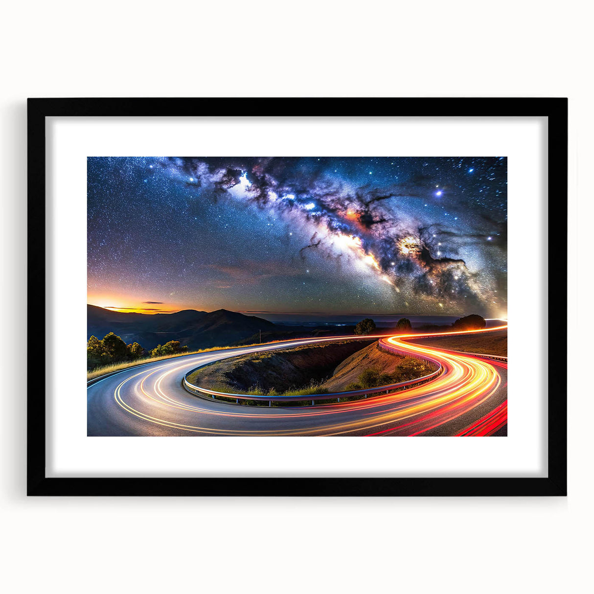 Black-framed wall art showcasing a vibrant landscape road design, elegantly matted for a polished look, ideal for enhancing modern home decor with artistic flair.