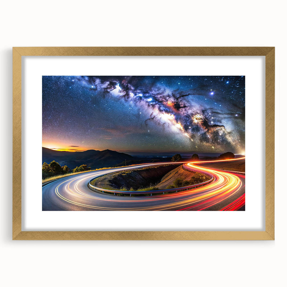 Framed wall art featuring a stunning landscape road design, elegantly matted and accented with a gold frame, perfect for enhancing home decor.