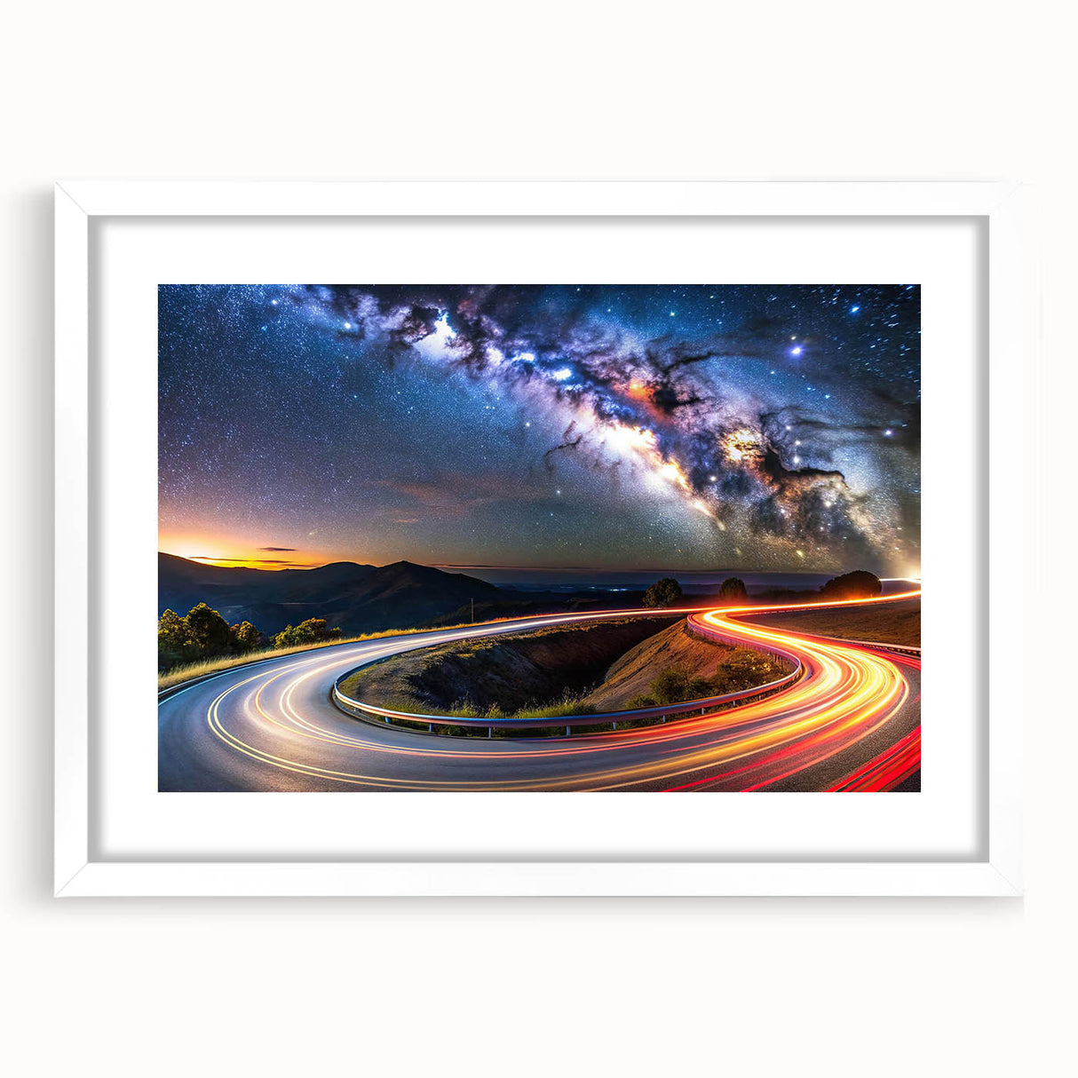Framed wall art featuring a scenic landscape design with roads, elegantly displayed with a white mat, perfect for modern home decor. Ideal for enhancing living spaces with a touch of nature.