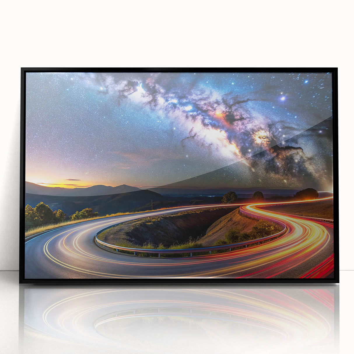 Framed acrylic wall art featuring a scenic landscape design with winding roads, presented in a sleek black frame, ideal for modern home decor and artistic display.