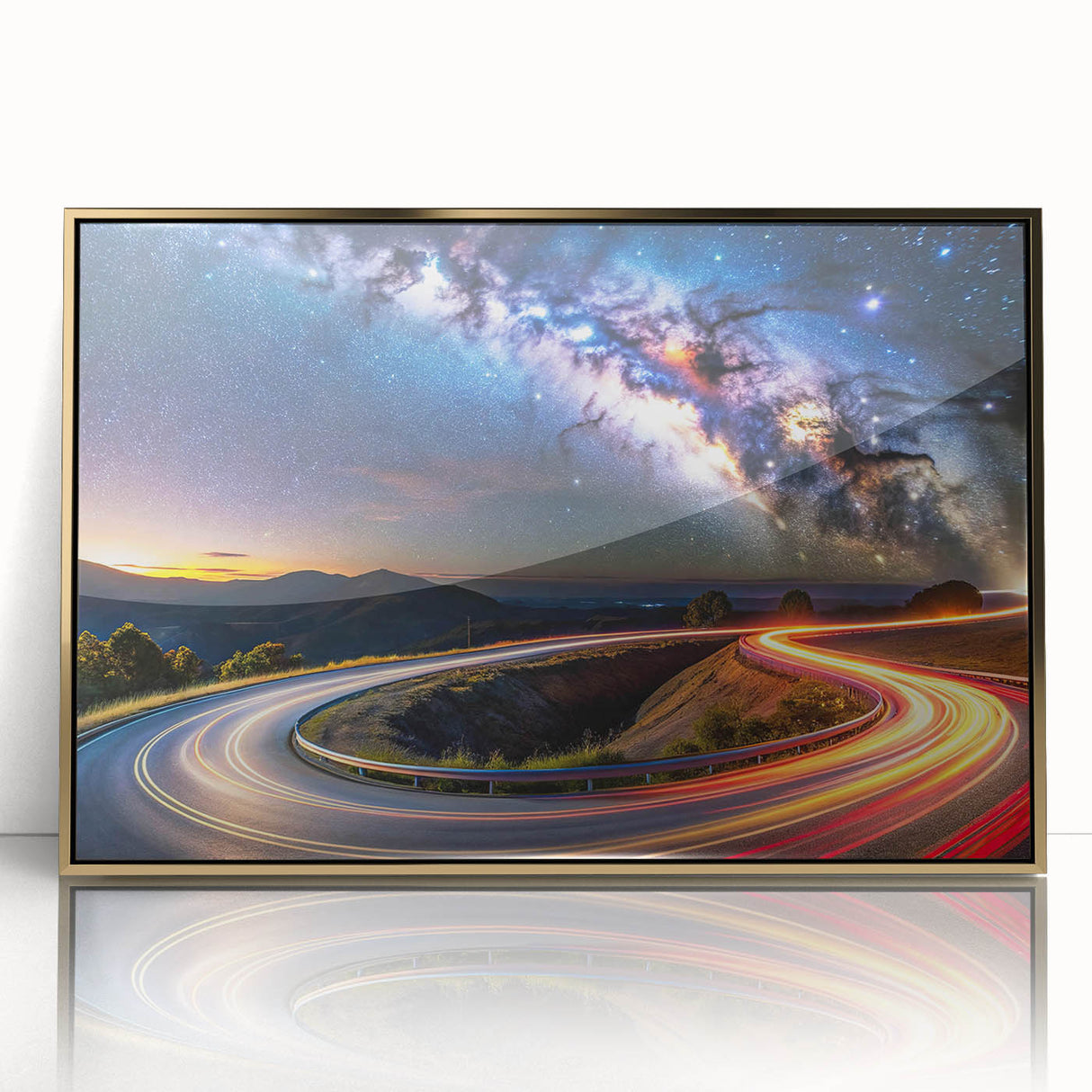 Framed acrylic wall art showcasing a stunning landscape road design in gold tones, perfect for modern home decor. Ideal for adding elegance and warmth to any space.
