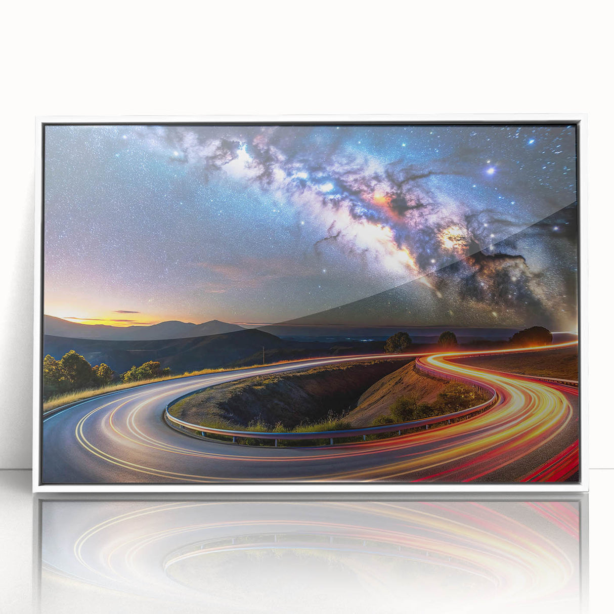 Framed acrylic wall art showcasing a scenic landscape with winding roads and vibrant colors, ideal for modern home decor, enhancing interior spaces with style.