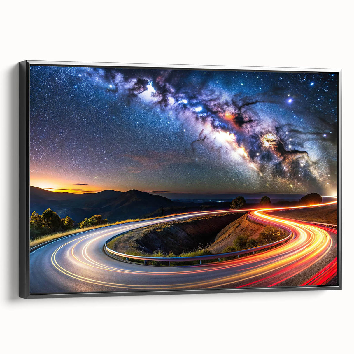 Framed canvas wall art featuring a stunning landscape with winding roads, set against a vibrant sunset backdrop, perfect for enhancing modern home decor.