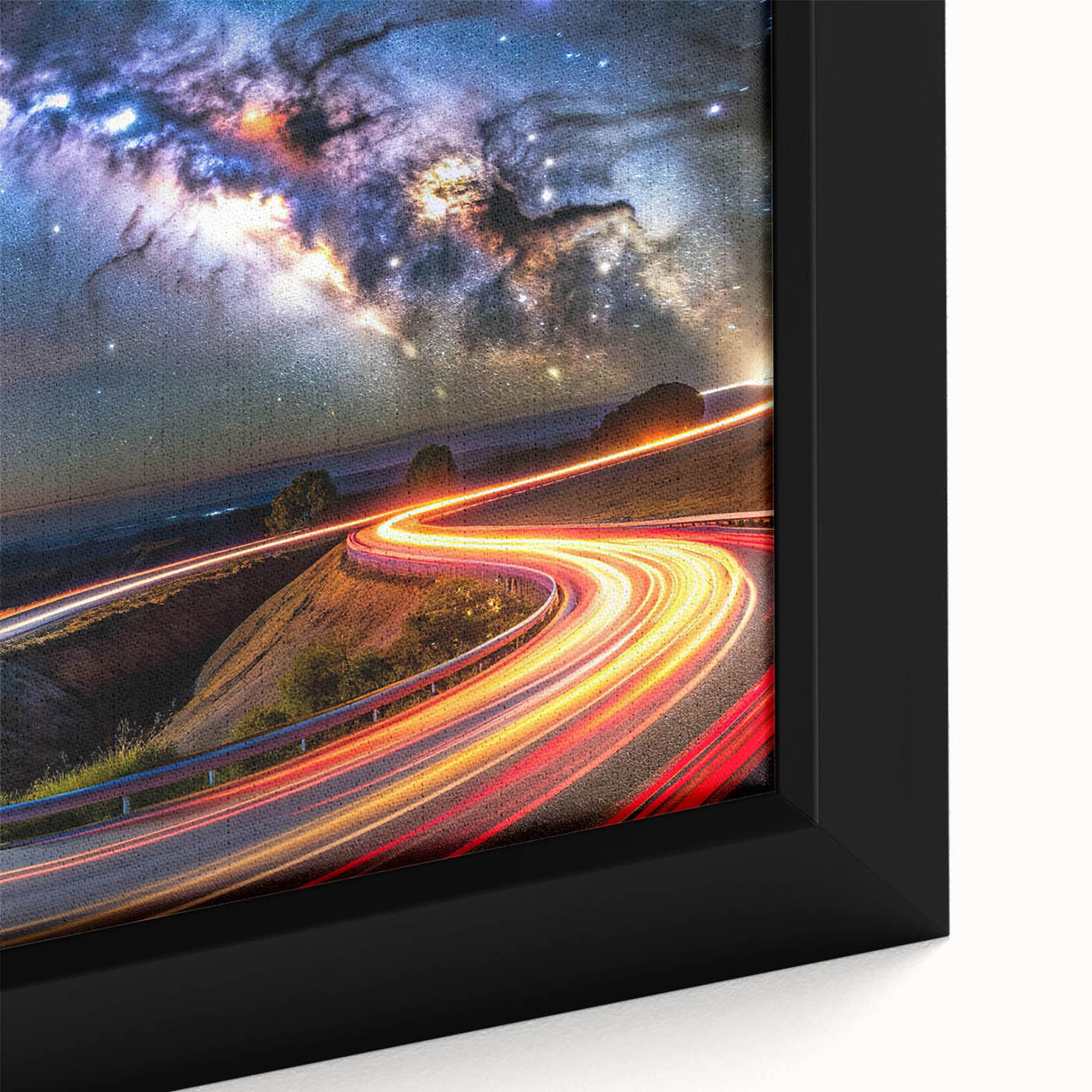 Framed canvas wall art showcasing a vibrant landscape road design with rich colors and intricate details, ideal for home decor or office settings.