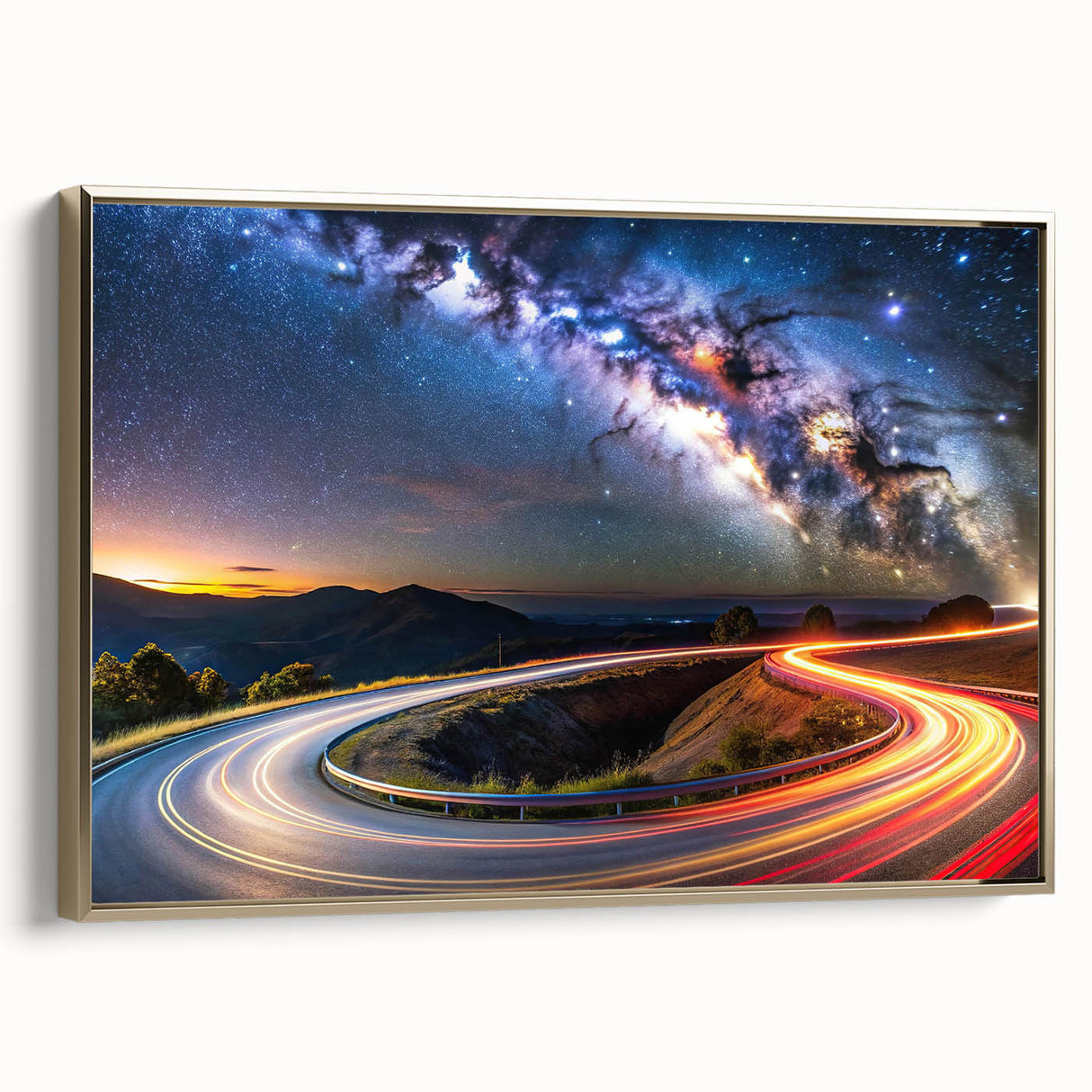 Framed canvas wall art showcasing a stunning landscape road design, elegantly bordered with gold, perfect for enhancing modern interiors and home decor.