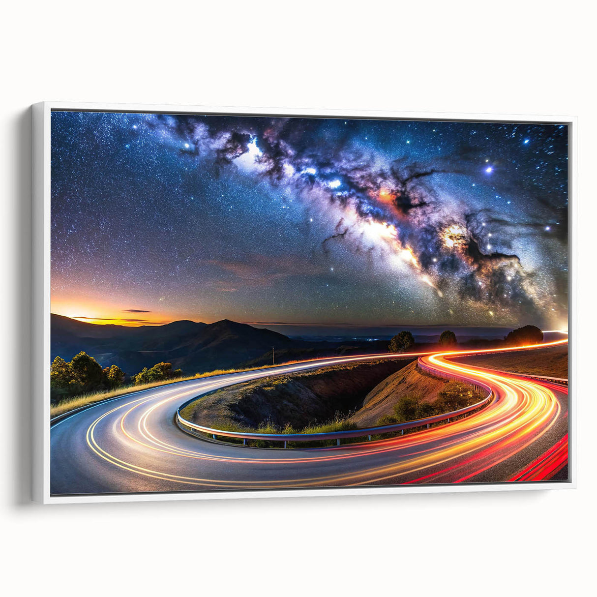 Framed canvas wall art featuring a serene landscape with winding roads, showcasing vibrant greens and blues, perfect for modern home decor.