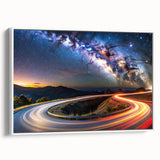 Framed canvas wall art featuring a serene landscape with winding roads, showcasing vibrant greens and blues, perfect for modern home decor.