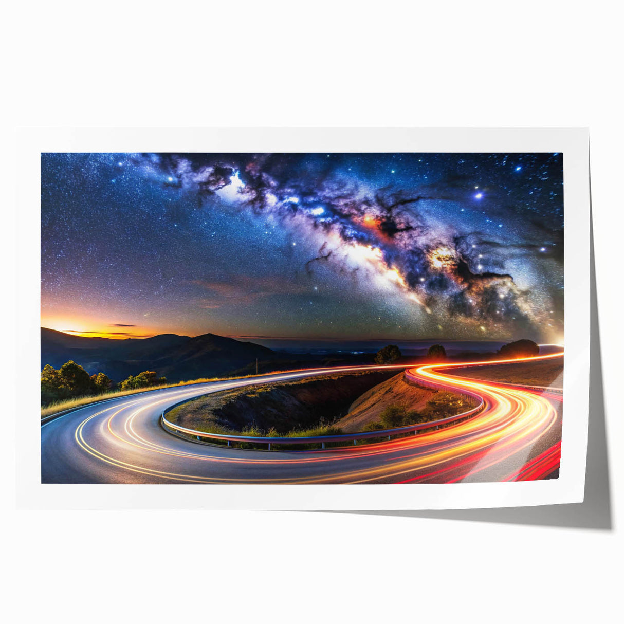 Stylish rolled print showcasing a vibrant landscape road design, featuring rich colors and intricate details, perfect for home decor or office art collection.