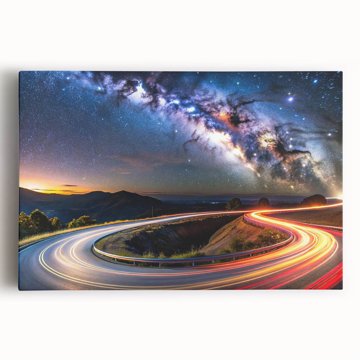 Stretched canvas artwork depicting a serene landscape road design, featuring vibrant colors and detailed textures, ideal for modern home decor.