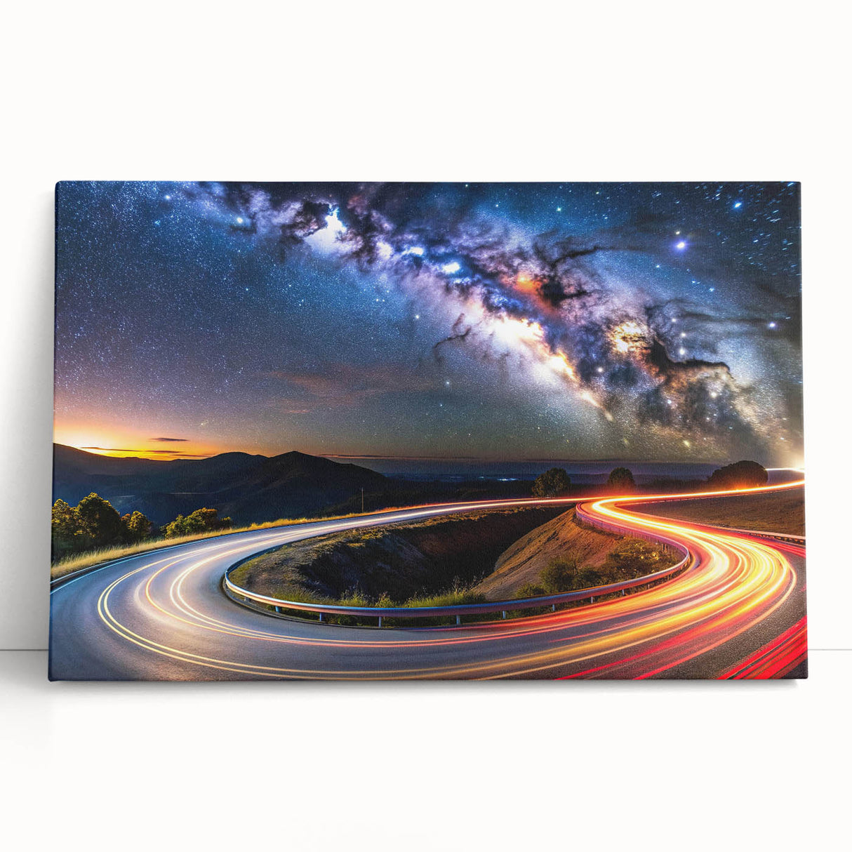 Stretched canvas wall art showcasing a scenic road landscape design, featuring vibrant colors and intricate details, ideal for home decor or office enhancement.
