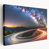 Stretched canvas artwork showcasing a serene landscape road design, featuring vibrant colors and intricate details, perfect for modern home decor.